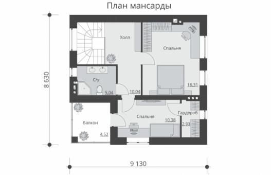 Одноэтажный жилой дом с мансардой и балконом